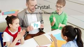  Presentation with english teacher - Amazing slide deck having english teacher showing paper cards backdrop and a coral colored foreground