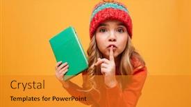  Presentation with hat - Presentation theme consisting of enigmatic young girl in sweater and hat holding book while showing silence gesture and looking at the camera background and a gold colored foreground