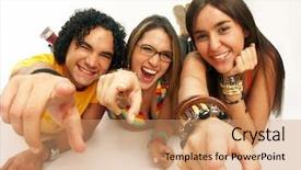  Presentation with sharing - Cool new presentation with funny pictures - three friends sharing and smiling backdrop and a coral colored foreground