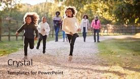  Presentation with children running - Theme featuring enjoy autumn walk in countryside background and a coral colored foreground