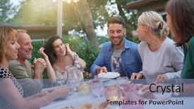  Presentation with beer garden friends in tracht - Theme consisting of 50 party - friends enjoying summer barbecue dinner background and a light blue colored foreground