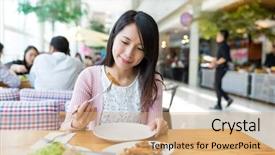  Presentation with restaurant - Cool new PPT layouts with enjoy her meal at restaurant backdrop and a coral colored foreground