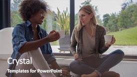  Presentation with two black women - Cool new PPT theme with two young laughing multiethnic women backdrop and a tawny brown colored foreground