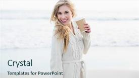  Presentation with knitting needles and wool - PPT theme with enjoying coffee on the beach background and a sky blue colored foreground