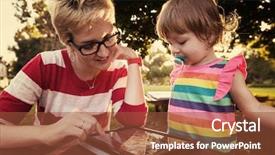  Presentation with displaying a happy mother cudd - Slide deck consisting of enjoying free time using tablet background and a  colored foreground