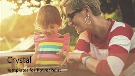  Presentation with displaying a happy mother cudd - Audience pleasing slides consisting of enjoying free time using tablet backdrop and a  colored foreground