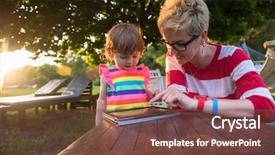  Presentation with displaying a happy mother cudd - PPT layouts with enjoying free time using tablet background and a tawny brown colored foreground