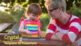  Presentation with displaying a happy mother cudd - Amazing slide deck having enjoying free time using tablet backdrop and a tawny brown colored foreground