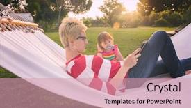  Presentation with displaying a happy mother cudd - Colorful PPT theme enhanced with enjoying free time using tablet backdrop and a coral colored foreground