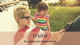  Presentation with displaying a happy mother cudd - Presentation enhanced with enjoying free time using tablet background and a coral colored foreground