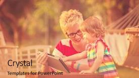  Presentation with displaying a happy mother cudd - Presentation theme having enjoying free time using tablet background and a coral colored foreground