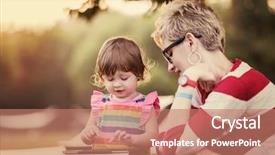  Presentation with displaying a happy mother cudd - PPT theme having enjoying free time using tablet background and a  colored foreground