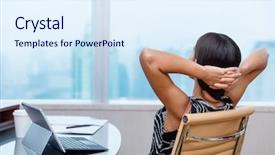  Presentation with woman office desk - Beautiful slide deck featuring enjoying her job achievement backdrop and a sky blue colored foreground