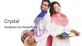  Presentation with holi - Colorful slide set enhanced with enjoying holiness - couple celebrating holi with colors backdrop and a white colored foreground