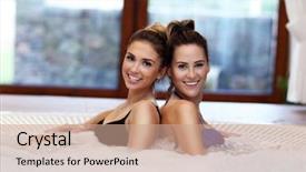  Presentation with footprints in the sand picture - PPT theme featuring enjoying jacuzzi in hotel spa background and a coral colored foreground