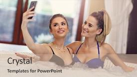  Presentation with footprints in the sand picture - Cool new PPT layouts with enjoying jacuzzi in hotel spa backdrop and a soft green colored foreground