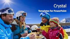 Presentation with ski - PPT theme with enjoying lunch in winter mountain background and a royal blue colored foreground