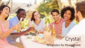  Presentation with outdoor party - Cool new slide set with enjoying meal at outdoor party backdrop and a lemonade colored foreground