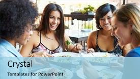  Presentation with restaurant - Beautiful slide deck featuring enjoying meal at outdoor restaurant backdrop and a light blue colored foreground