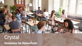  Presentation with meals - Amazing PPT theme having enjoying meals in busy restaurant backdrop and a coral colored foreground