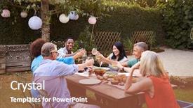  Presentation with friends - Audience pleasing PPT theme consisting of enjoying outdoor meal in backyard backdrop and a  colored foreground