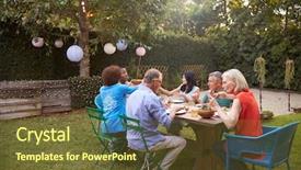  Presentation with group of 7 - Presentation theme enhanced with enjoying outdoor meal in backyard background and a tawny brown colored foreground