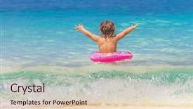  Presentation with young child brain development - Slide set enhanced with enjoying swimming on tropical beach background and a lemonade colored foreground