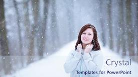  Presentation with falling snow - Cool new PPT theme with enjoying the first snow young woman outdoors on a lovely forest path watching the snowflakes falling color toned image backdrop and a sky blue colored foreground