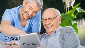  Presentation with elderly home - Amazing theme having enjoying while using tablet computer backdrop and a light blue colored foreground