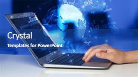  Presentation with global laptop - Slide set having enlarge - hand using laptop with global background and a ocean colored foreground