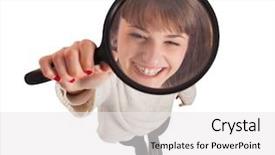  Presentation with magnifying glass - Audience pleasing PPT theme consisting of enlargement - young woman holding magnifying glass backdrop and a  colored foreground
