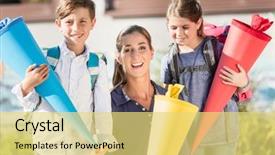  Presentation with school children - Beautiful slides featuring enrollment schools - mother and children on first backdrop and a yellow colored foreground