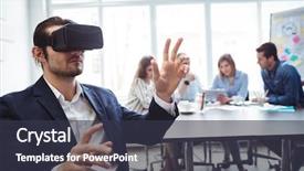  Presentation with virtual reality meeting - Cool new presentation design with enseignement virtuel - businessman using virtual reality simulator backdrop and a dark gray colored foreground
