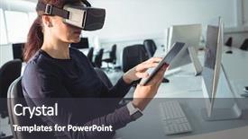  Presentation with virtual reality environments - Slide deck with enseignement virtuel - mature student in virtual reality background and a dark gray colored foreground