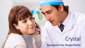  Presentation with doctor helps to get out of bed an elderly woman - Slide deck having ent surgery - young woman visting male doctor background and a  colored foreground