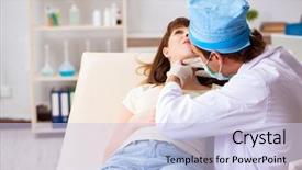  Presentation with doctor helps to get out of bed an elderly woman - Presentation theme consisting of ent surgery - young woman visting male doctor background and a sky blue colored foreground