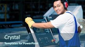  Presentation with factory machine - Presentation with entering data in cnc machine background and a ocean colored foreground