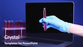  Presentation with laboratory blood test tubes - Cool new PPT layouts with entering data on laptop computer backdrop and a navy blue colored foreground