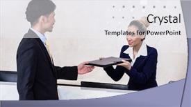  Presentation with front desk - Beautiful slides featuring enterprise applications - job applicant at business front backdrop and a white colored foreground