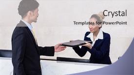  Presentation with front desk - Cool new PPT theme with enterprise applications - job applicant at business front backdrop and a light gray colored foreground