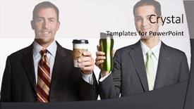  Presentation with green coffee - Amazing PPT theme having enterprise green - businessmen holding coffee cups backdrop and a light gray colored foreground
