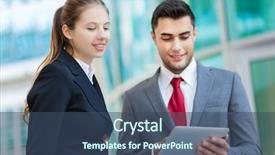  Presentation with tablet - Beautiful slide set featuring enterprise green - couple of business people using backdrop and a ocean colored foreground