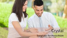  Presentation with tablet - PPT theme having enterprise green - couple of business people using background and a coral colored foreground