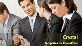  Presentation with business card - Cool new PPT theme with enterprise network - woman handing co-worker business card backdrop and a wine colored foreground