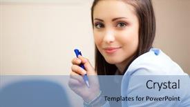  Presentation with pen - Cool new presentation with enterprising woman - smiling young businesswoman holding backdrop and a light blue colored foreground