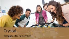  Presentation with football plays - Cool new PPT theme with entertainment - happy executives playing table football backdrop and a coral colored foreground