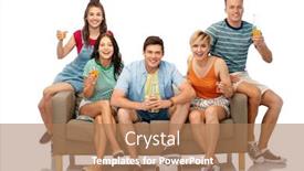  Presentation with soccer fans - PPT theme enhanced with entertainment leisure and people concept - group of happy smiling friends or football fans with soccer ball sitting on sofa with non alcoholic drinks over white background background and a coral colored foreground