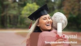  Presentation with college campus - Cool new presentation theme with enthusiastic-graduated-daughter-holding-degree backdrop and a coral colored foreground