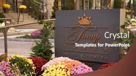  Presentation with trump - Amazing slide deck having entrance-sign-to-trump-tower backdrop and a dark gray colored foreground