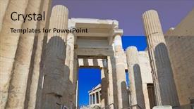  Presentation with ancient map of greece - Amazing slide deck having entrance to acropolis at athens backdrop and a coral colored foreground